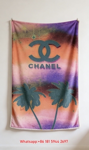 Luxury Chanel Teal CC Logo Flannel Throw Blanket  Gradient Sunset Palm Tree Print IMG_7213